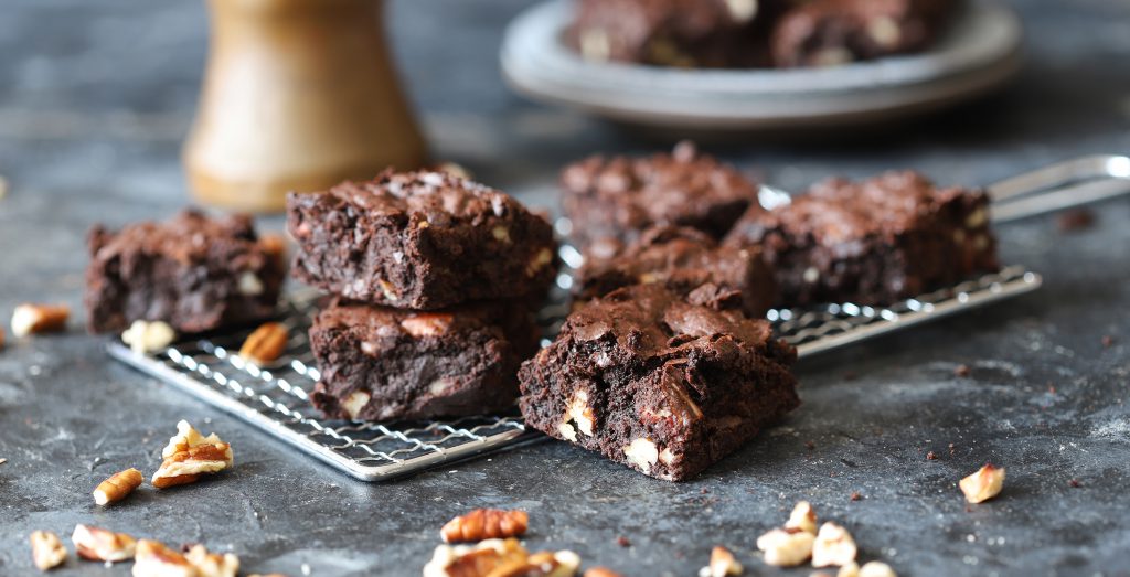 Homemade,Fudgy,Chocolate,Brownies,On,Grey,Background.,Chocolate,Walnut ... image